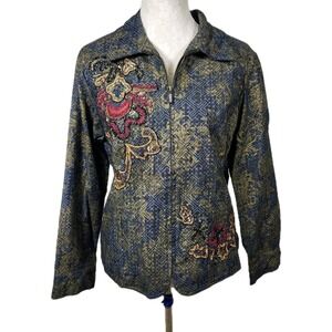 Chico's Size 2 Blue Gold Embroidered Zip Front Jacket Metallic Boho Artsy India